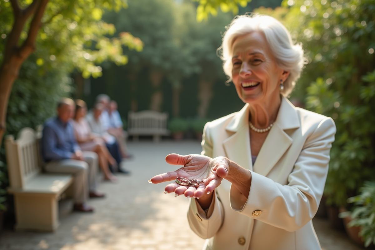 Femme âgée offrant des alliances lors d