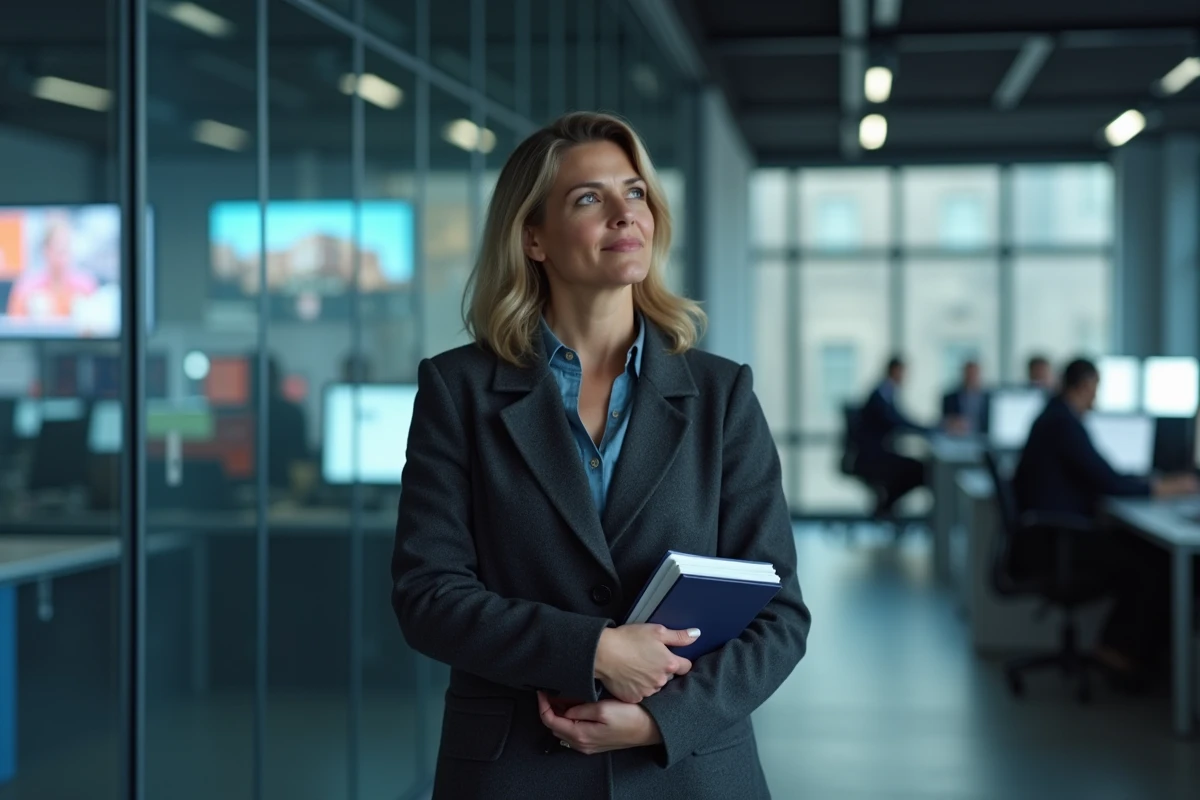 Journaliste femme dans une salle de rédaction moderne, atmosphère professionnelle et éditoriale