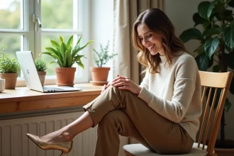 Femme souriante en intérieur avec chaussures de mariage dorées