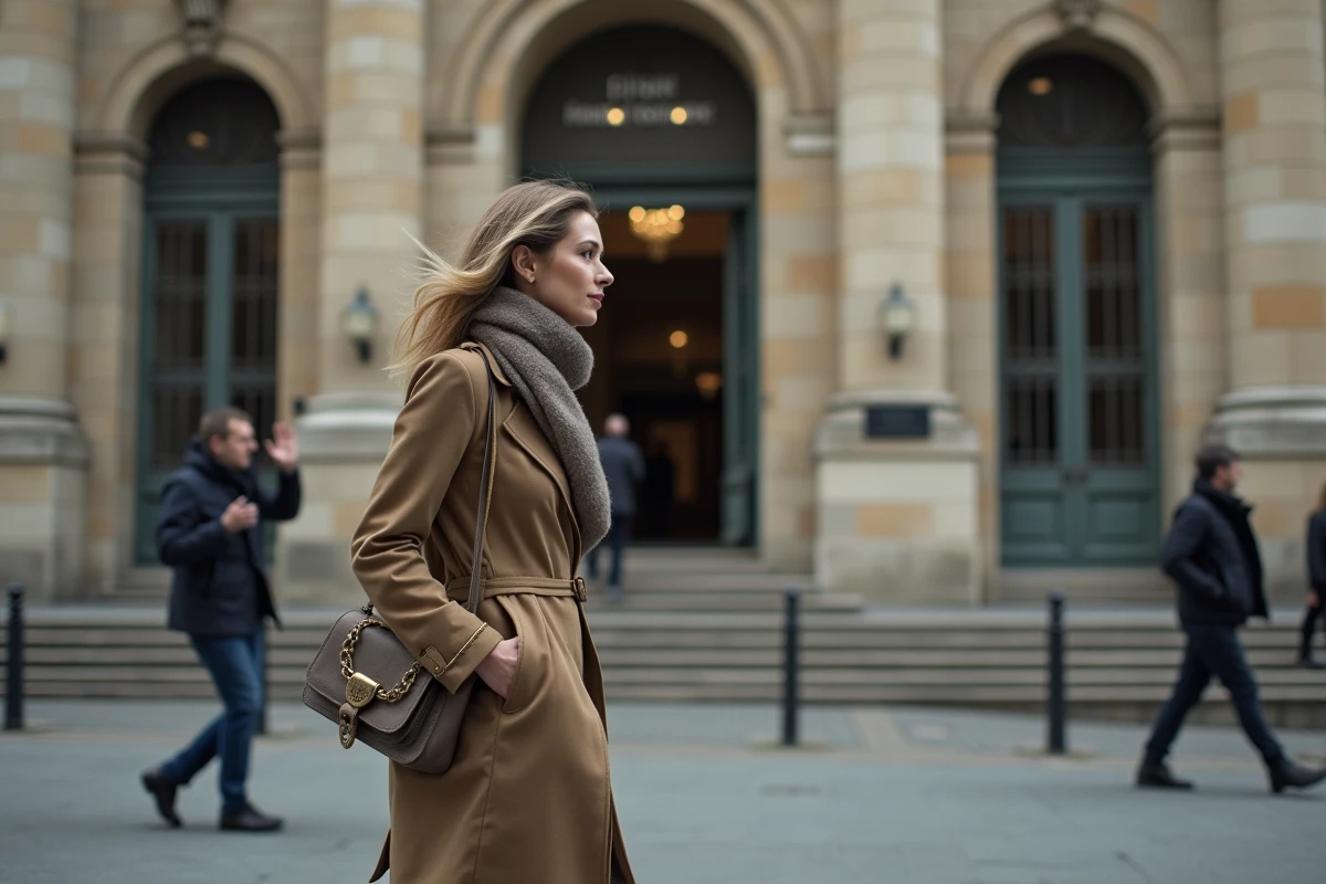 Femme marchant devant un palais de justice parisien