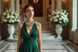 Femme élégante en robe verte près d'un escalier décoré