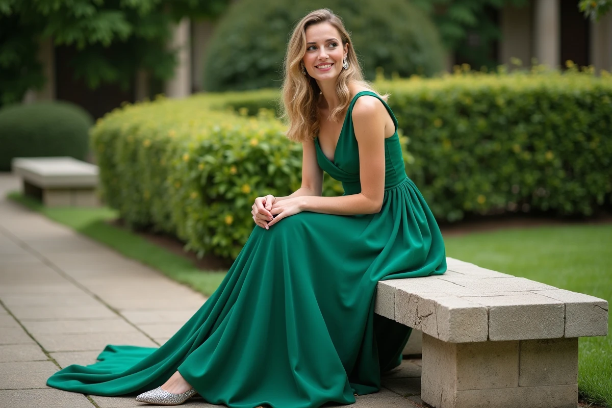 Femme en robe verte assise dans un jardin avec chaussures dépareillées