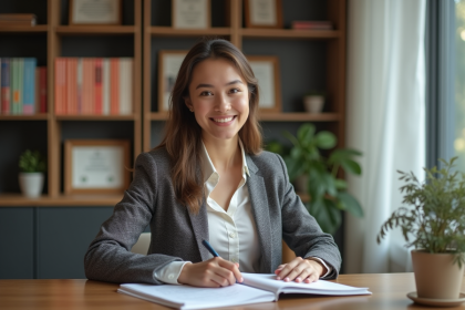 Jeune femme souriante avec classe et organise un dossier de mariage