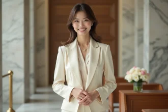 Femme &eacute;l&eacute;gante en pantalon cream dans un hall moderne