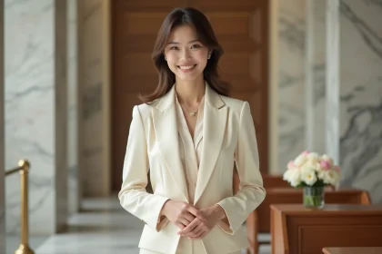 Femme élégante en pantalon cream dans un hall moderne