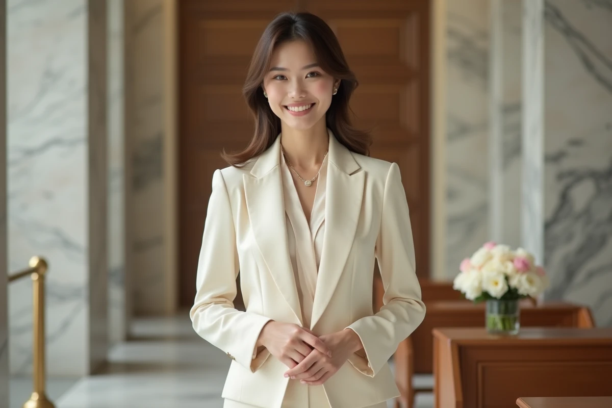 Femme élégante en pantalon cream dans un hall moderne