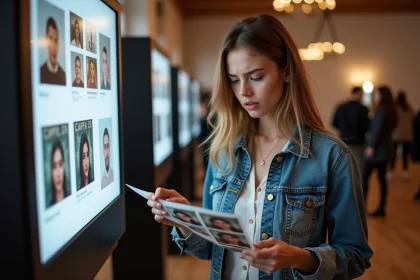 Femme en denim inspectant une photo dans un photomaton