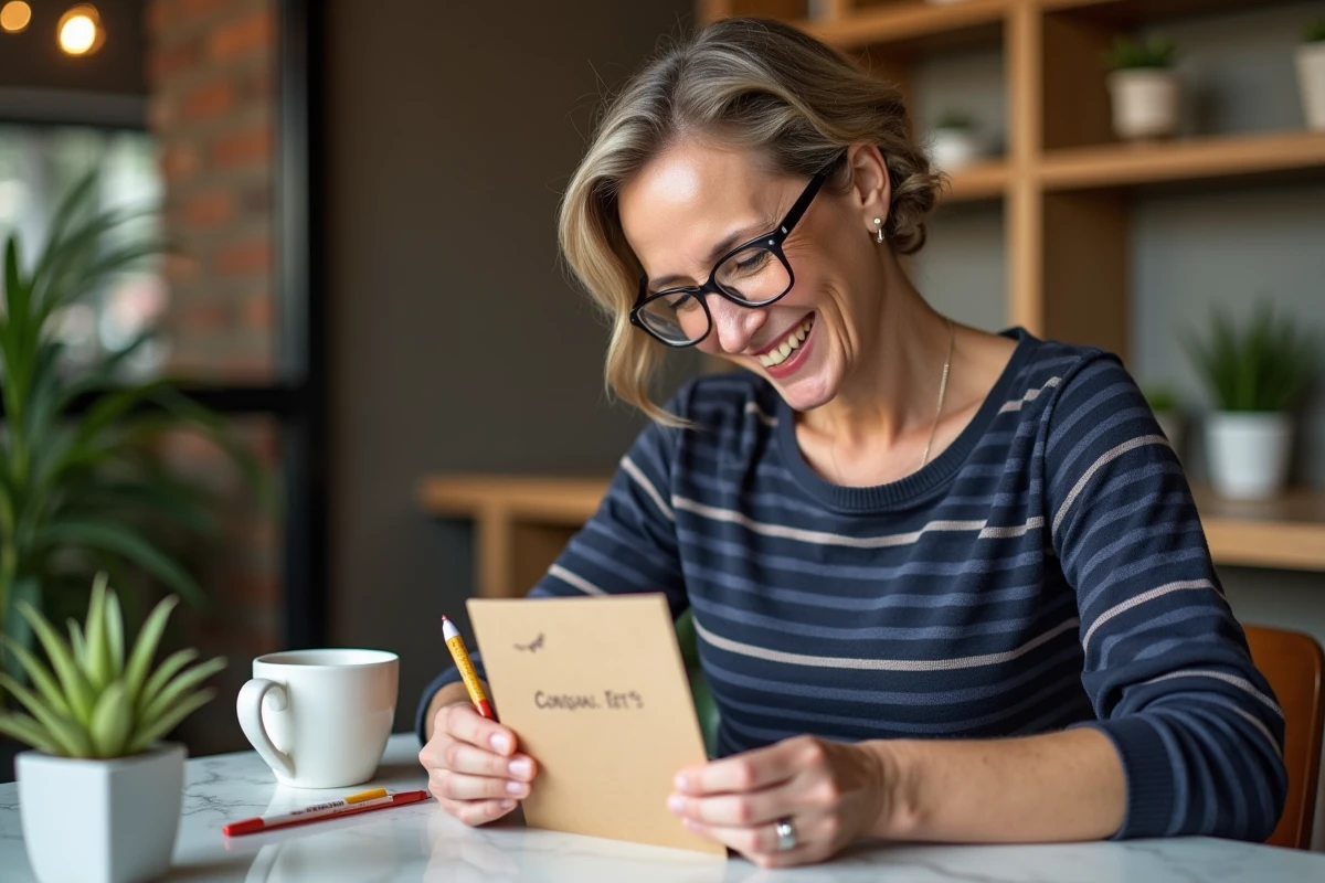 Femme rédigeant un message de félicitations mariage drôle et original dans un café