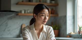 Infidélité ou adultère : quelles différences ? Explications et conséquences Femme réfléchie tenant sa bague de mariage dans la cuisine