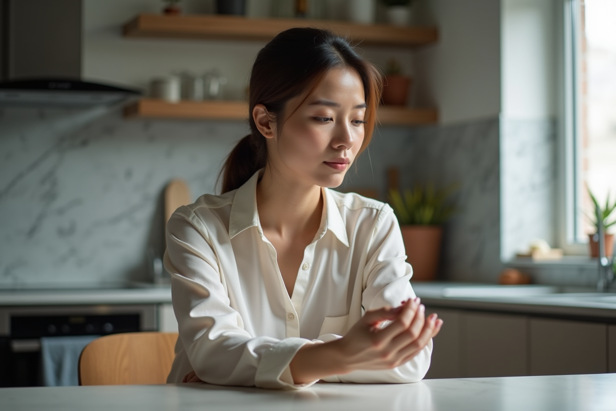 Femme réfléchie tenant sa bague de mariage dans la cuisine