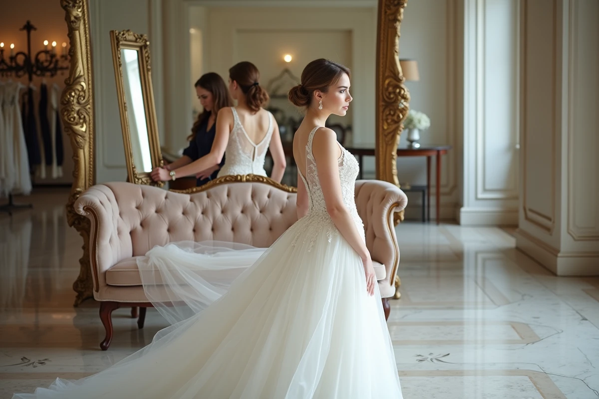 Femme assise contemplant sa robe de mariée dans un showroom chic