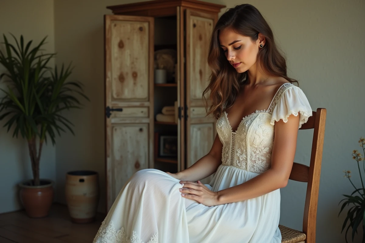Femme ajustant sa robe de mariage boh&egrave;me &agrave; l