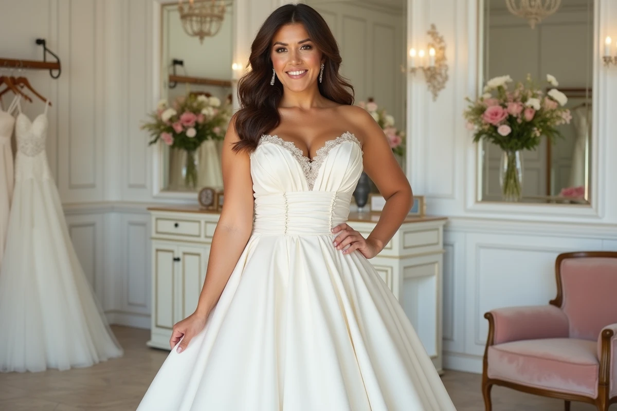 Femme ronde en robe de mariée coupe A dans une boutique de mariage, pose flatteuse en trois quarts pour affiner la silhouette