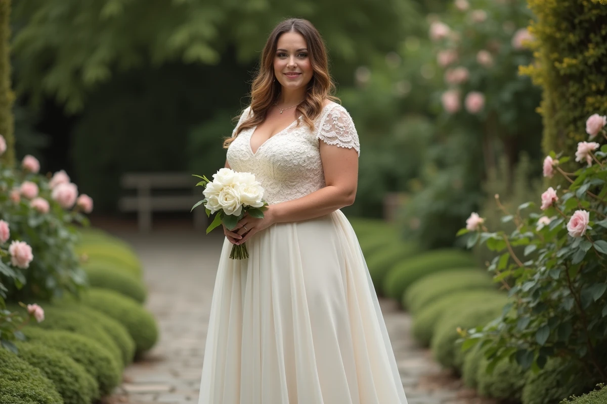 Femme ronde en robe de mariée empire à taille haute dans un jardin fleuri, silhouette affinée par la coupe et la pose