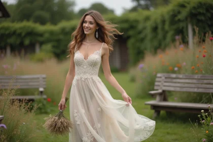 Femme souriante en robe de mariage bohème dans un jardin