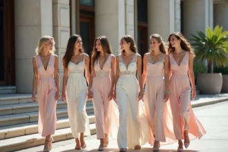 Groupe de femmes élégantes devant la mairie moderne