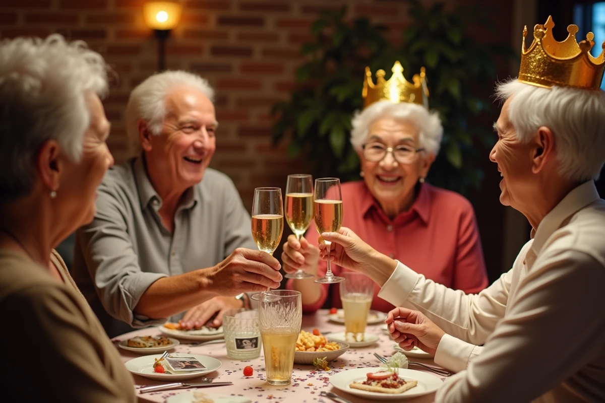 Groupe d'amis portant un toast humoristique pour célébrer 40 ans de mariage au restaurant