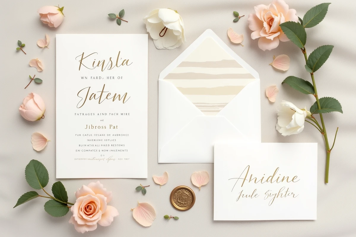 Flat-lay élégant de papeterie de mariage bilingue français-anglais pour un mariage à l'étranger