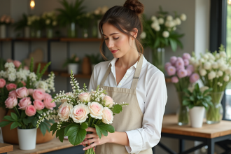 Jeune fleuriste arrangeant un bouquet de fleurs rares