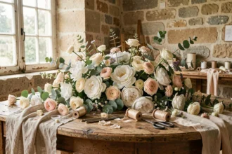 Atelier de fleuriste mariage en Nouvelle-Aquitaine avec compositions florales de pivoines, roses et eucalyptus sur table en bois rustique