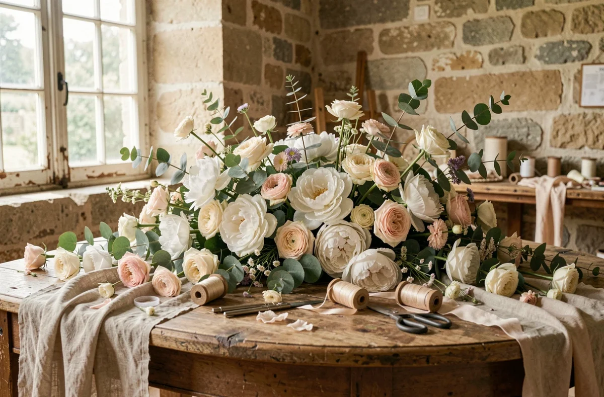 Atelier de fleuriste mariage en Nouvelle-Aquitaine avec compositions florales de pivoines, roses et eucalyptus sur table en bois rustique