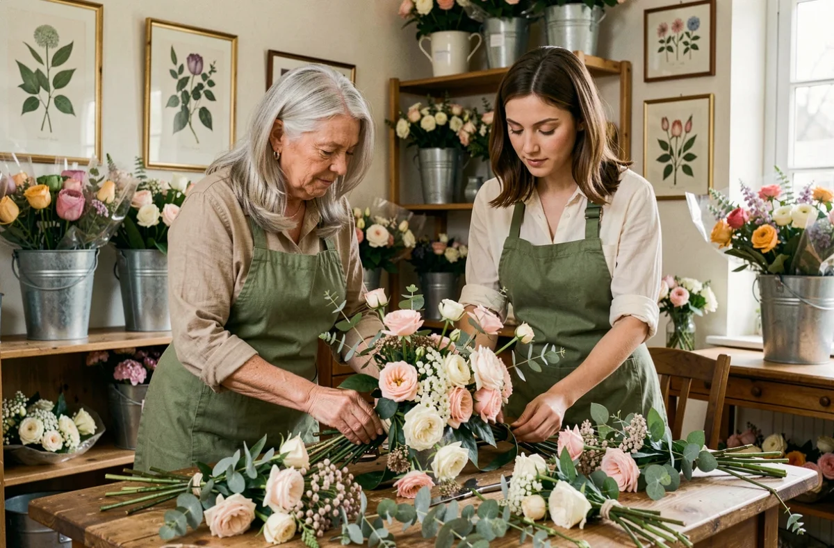 Fleurs de Famille - deux fleuristes en tabliers verts travaillant ensemble sur une composition florale de mariage dans une boutique familiale