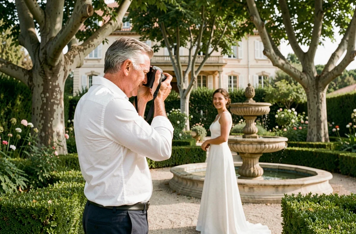 Gérard Gambaro photographiant une mariée dans un jardin provençal avec une villa marseillaise en arrière-plan