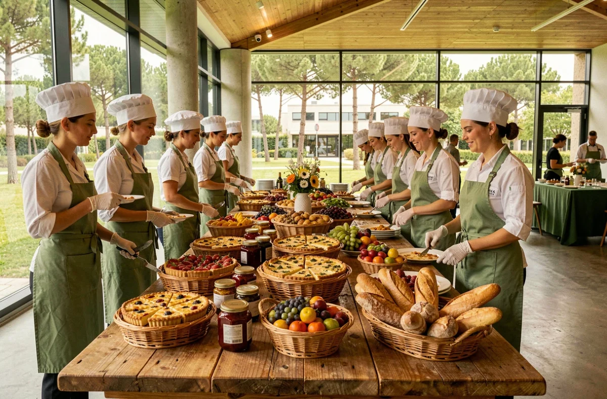 Les Gourmettes de Sophia préparant un buffet de mariage champêtre avec tartes, quiches et corbeilles de pains artisanaux dans un espace moderne à Sophia Antipolis