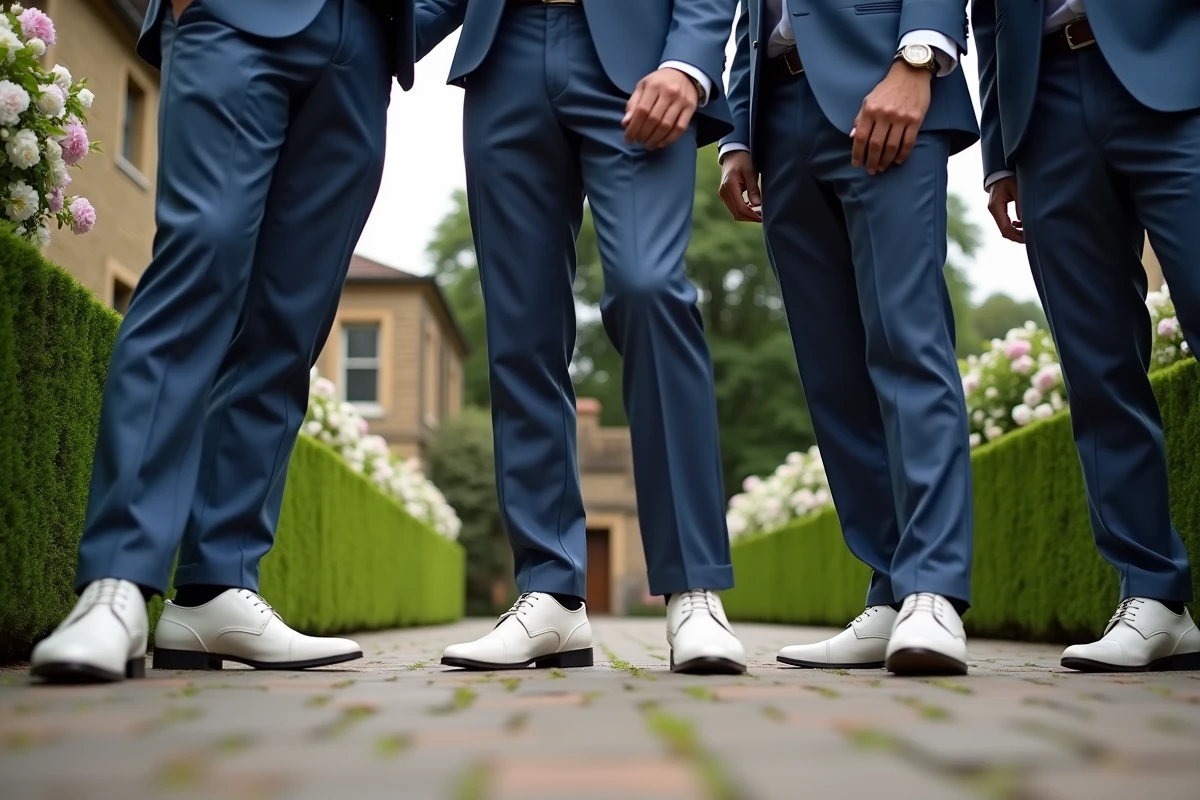 Groom et amis en chaussures de mariage dans un jardin