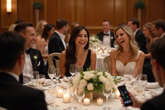 Groupe d'amis élégants lors d'un dîner de mariage
