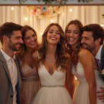 Amis en tenue de mariage souriants dans un photobooth moderne