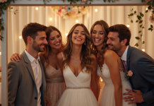 Amis en tenue de mariage souriants dans un photobooth moderne
