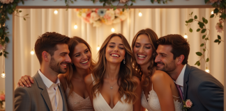 Amis en tenue de mariage souriants dans un photobooth moderne