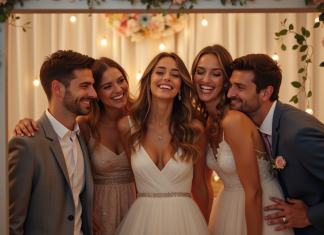 Amis en tenue de mariage souriants dans un photobooth moderne