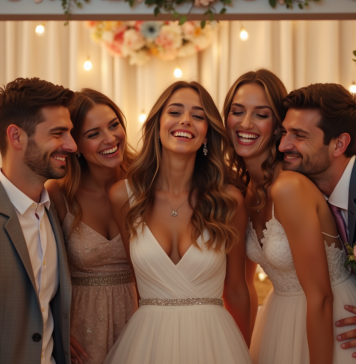 Amis en tenue de mariage souriants dans un photobooth moderne