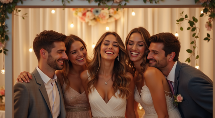 Amis en tenue de mariage souriants dans un photobooth moderne