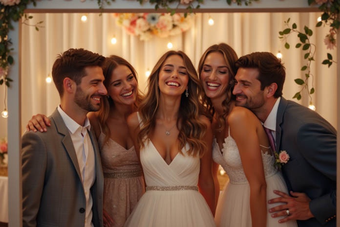 Amis en tenue de mariage souriants dans un photobooth moderne