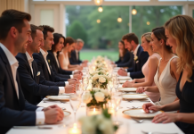 Groupe d'invités élégants autour d'une table de réception