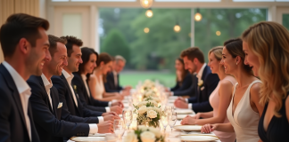 Table de mariage : Comment bien dresser pour une réception élégante ? Groupe d'invités élégants autour d'une table de réception