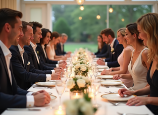 Groupe d'invités élégants autour d'une table de réception