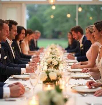 Groupe d'invités élégants autour d'une table de réception