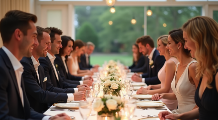 Groupe d'invités élégants autour d'une table de réception