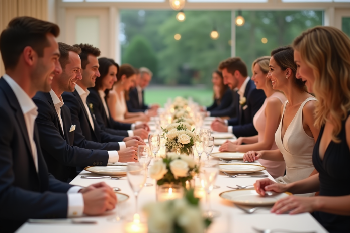 Groupe d'invités élégants autour d'une table de réception