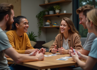 Jeux pour faire connaissance : quel est le meilleur ? Jeunes adultes jouent à un jeu de société convivial