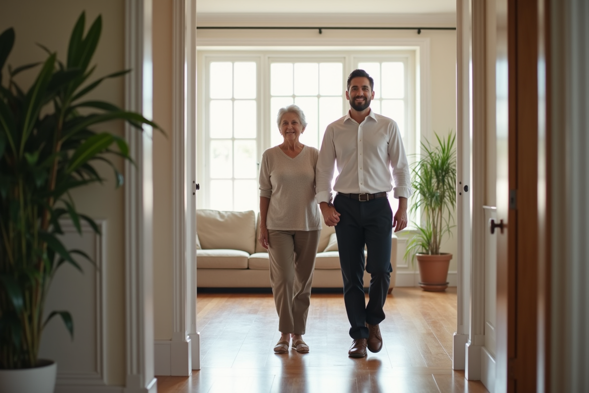 Jeune homme guidant un couple dans un salon lumineux