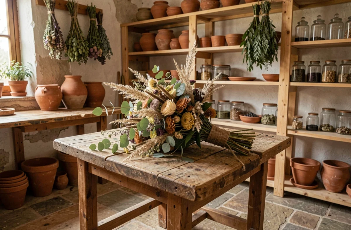 Herborium - bouquet de mariage botanique avec herbes séchées, graminées et eucalyptus sur établi en chêne dans un atelier artisanal