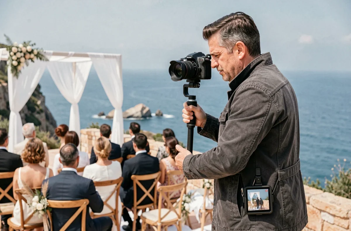 Photographe et vidéaste de HMX Photo filmant et photographiant une cérémonie de mariage en bord de mer à Marseille