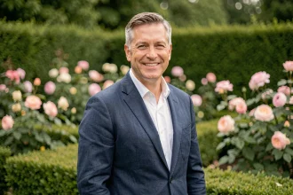 Portrait d'un homme élégant souriant dans un jardin fleuri, illustrant la vie privée et la sérénité d'un personnage public