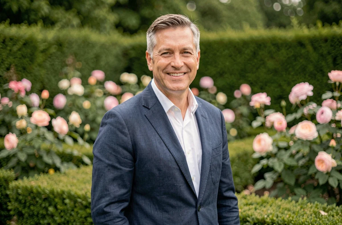 Portrait d'un homme élégant souriant dans un jardin fleuri, illustrant la vie privée et la sérénité d'un personnage public