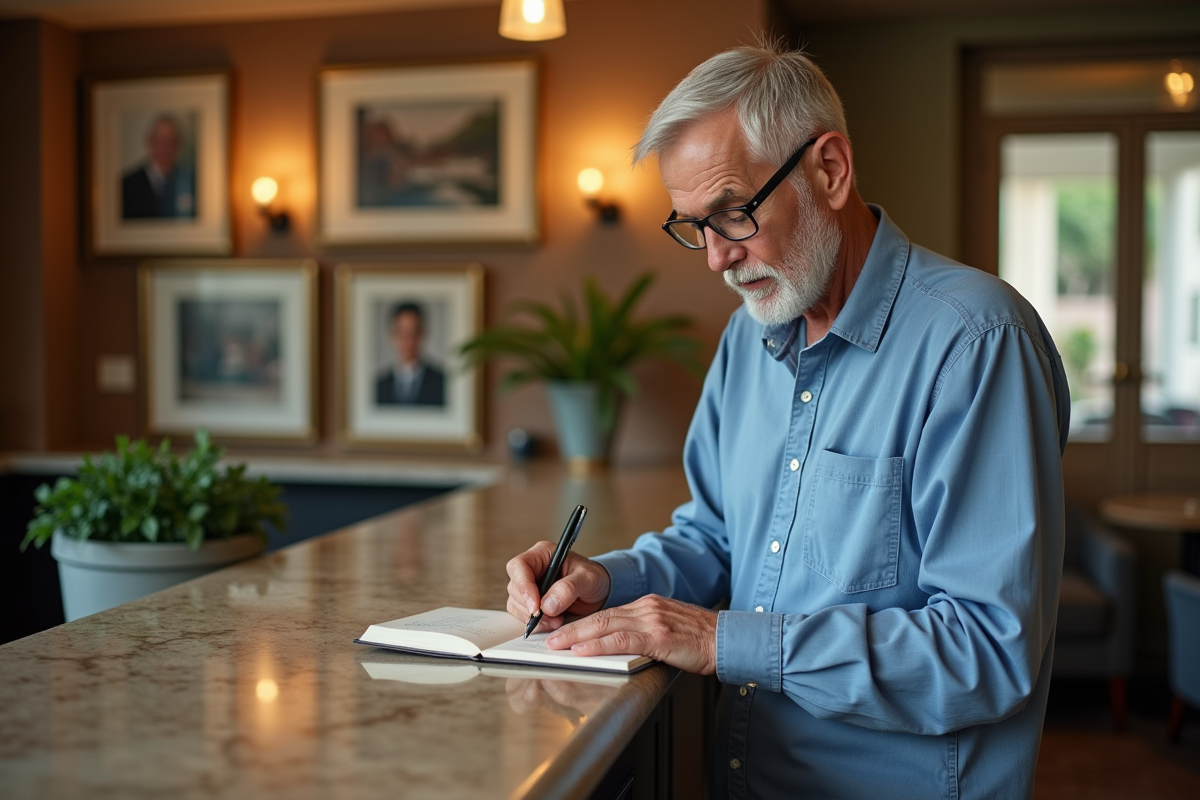 Homme mature lisant un livre d or dans un hall d hotel accueillant